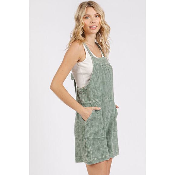 Mittoshop Textured Knotted Wide Strap Pockets Mineral Wash Overalls | Sage - Picture 2 of 5
